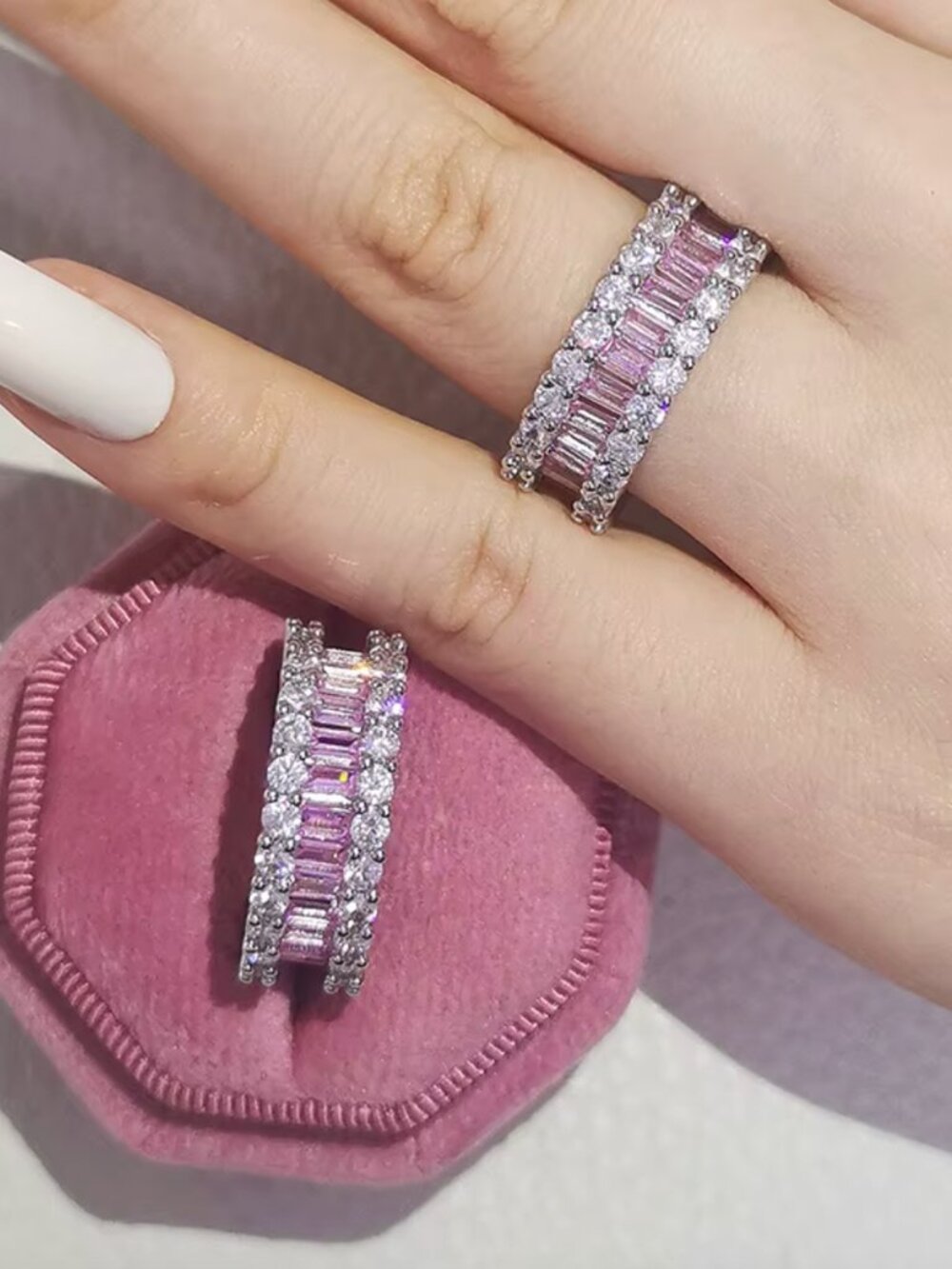 NEW 18k White Gold Pink Sapphire Diamond Ring Band Eternity Ring Band